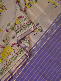 Surabhi – Off White Handloom Mangalagiri Silk Cotton Saree with Pichwai Art Print - Kleemkaara