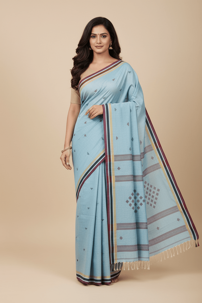 Suruchi – Light Blue Pakwan Cotton Handloom Khadi Saree with Subtle Motifs - Kleemkaara