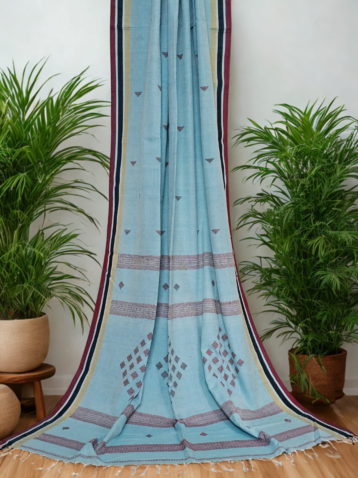 Suruchi – Light Blue Pakwan Cotton Handloom Khadi Saree with Subtle Motifs - Kleemkaara