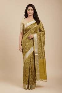 Suryalata – Yellow Handloom Mangalagiri Silk Cotton Saree with Navy Blue Floral Print - Kleemkaara