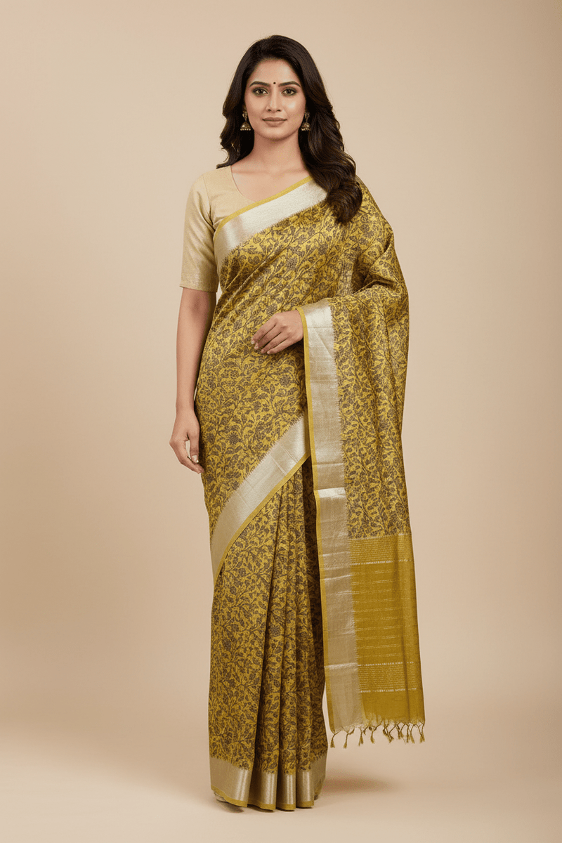 Suryalata – Yellow Handloom Mangalagiri Silk Cotton Saree with Navy Blue Floral Print - Kleemkaara