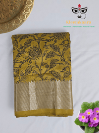 Suryalata – Yellow Handloom Mangalagiri Silk Cotton Saree with Navy Blue Floral Print - Kleemkaara