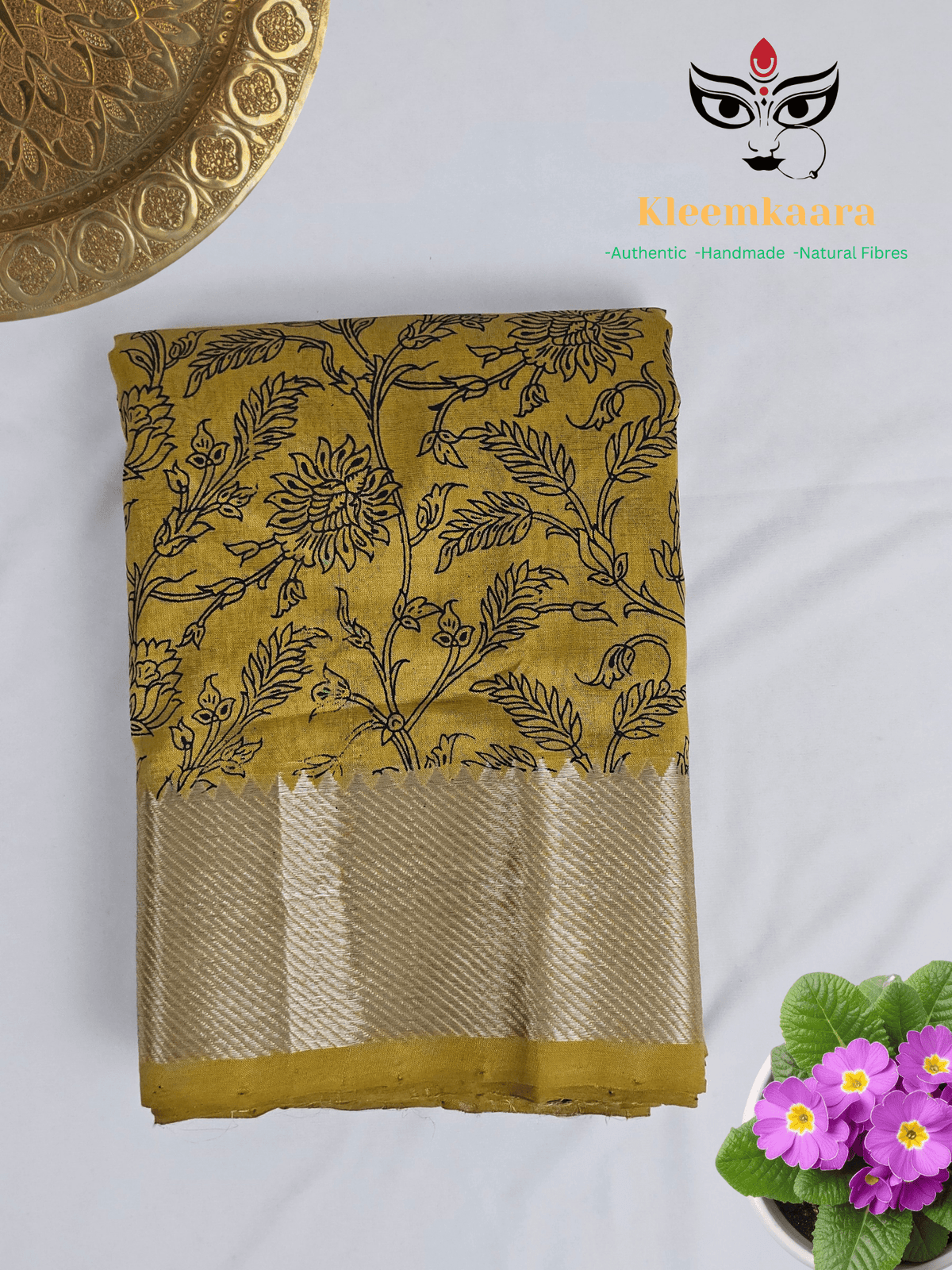 Suryalata – Yellow Handloom Mangalagiri Silk Cotton Saree with Navy Blue Floral Print - Kleemkaara