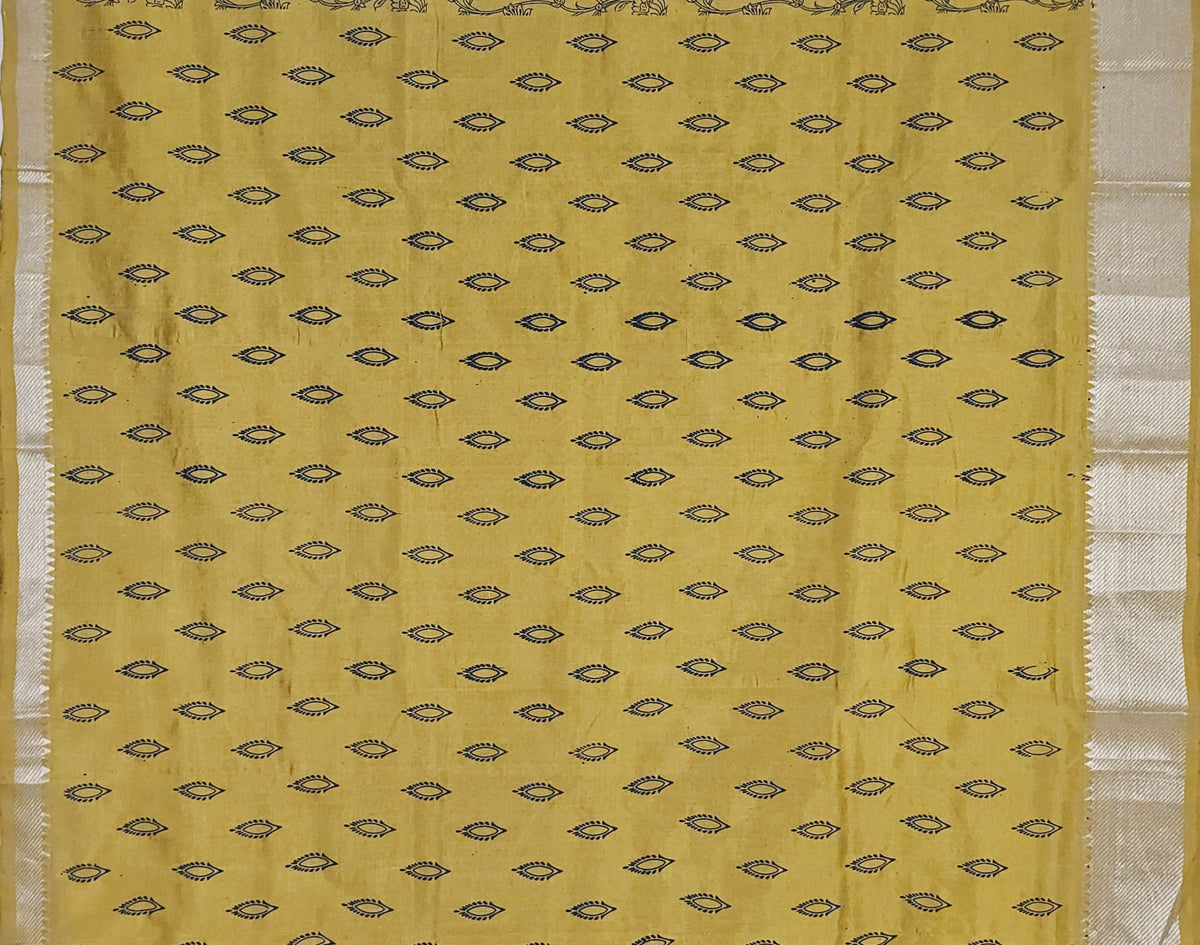 Suryalata – Yellow Handloom Mangalagiri Silk Cotton Saree with Navy Blue Floral Print - Kleemkaara