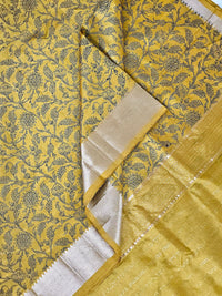 Suryalata – Yellow Handloom Mangalagiri Silk Cotton Saree with Navy Blue Floral Print - Kleemkaara