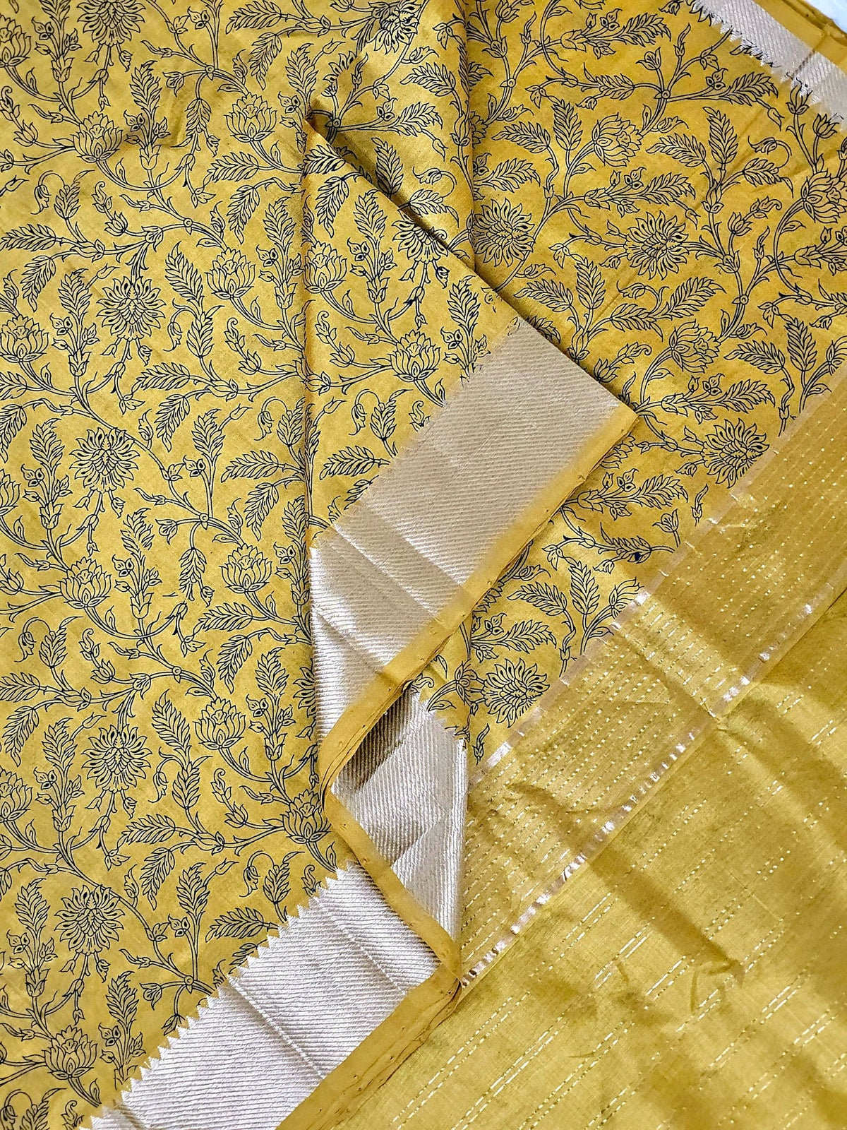 Suryalata – Yellow Handloom Mangalagiri Silk Cotton Saree with Navy Blue Floral Print - Kleemkaara