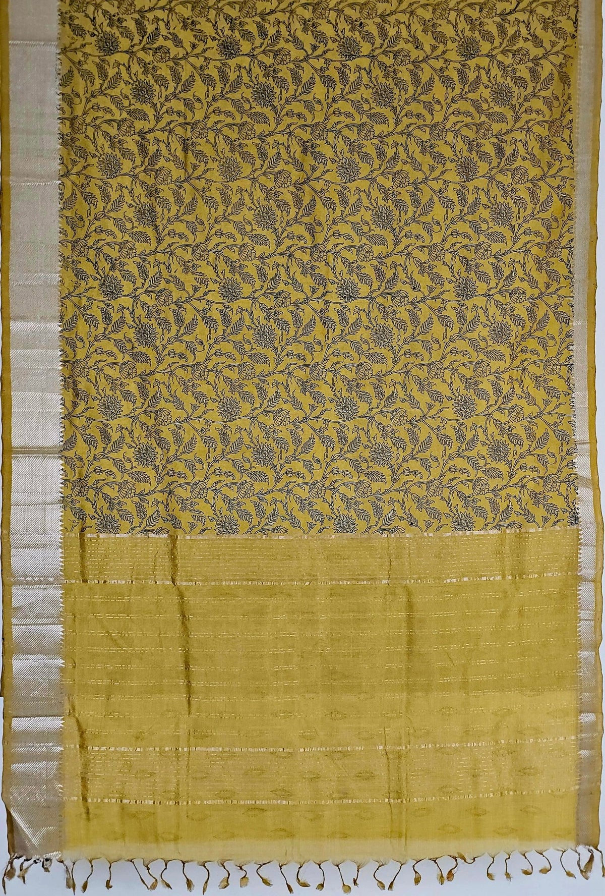 Suryalata – Yellow Handloom Mangalagiri Silk Cotton Saree with Navy Blue Floral Print - Kleemkaara