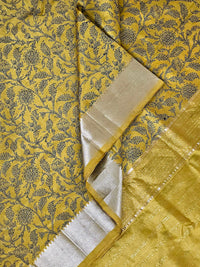 Suryalata – Yellow Handloom Mangalagiri Silk Cotton Saree with Navy Blue Floral Print - Kleemkaara