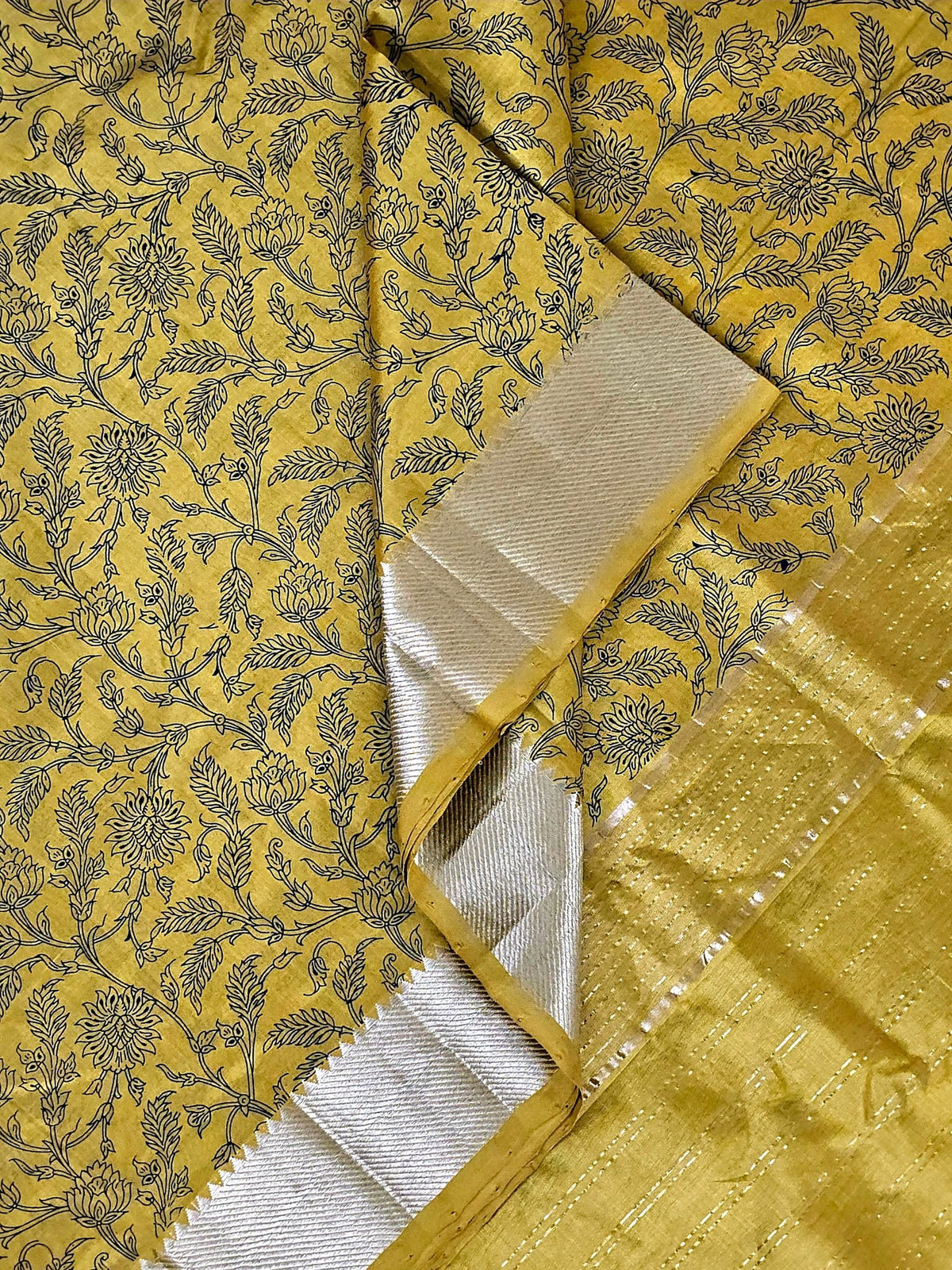Suryalata – Yellow Handloom Mangalagiri Silk Cotton Saree with Navy Blue Floral Print - Kleemkaara