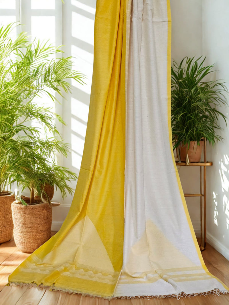 Suryashveta – Yellow and White Handloom Khadi Cotton Saree - Kleemkaara