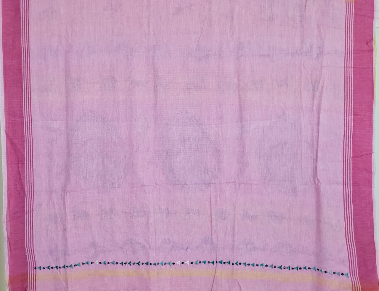 Suvarnika – Mustard Yellow Kantha Hand Embroidered Cotton Saree with Pink Pallu - Kleemkaara