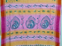 Suvarnika – Mustard Yellow Kantha Hand Embroidered Cotton Saree with Pink Pallu - Kleemkaara
