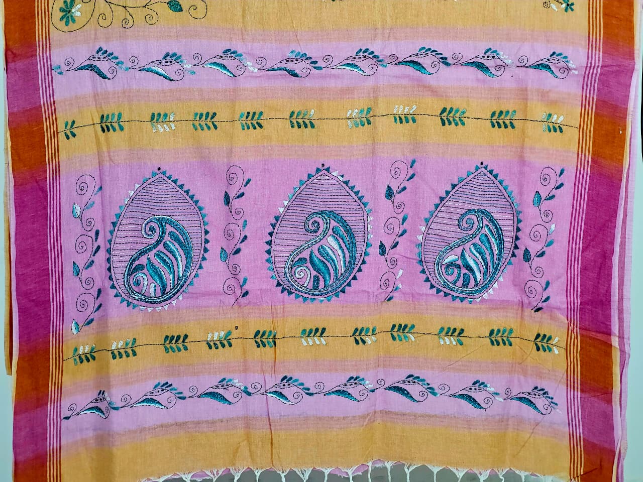 Suvarnika – Mustard Yellow Kantha Hand Embroidered Cotton Saree with Pink Pallu - Kleemkaara