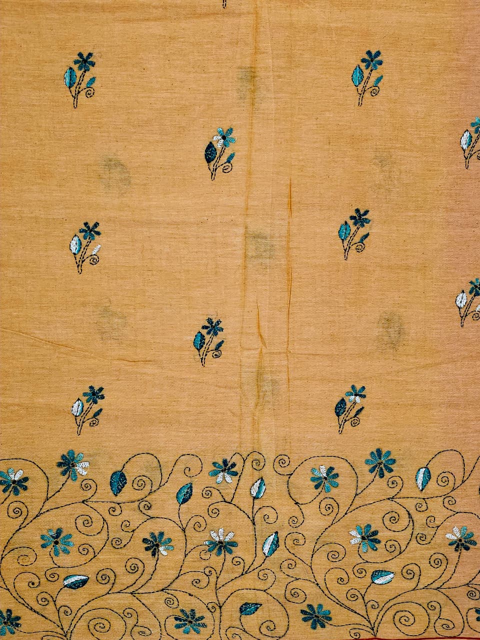 Suvarnika – Mustard Yellow Kantha Hand Embroidered Cotton Saree with Pink Pallu - Kleemkaara