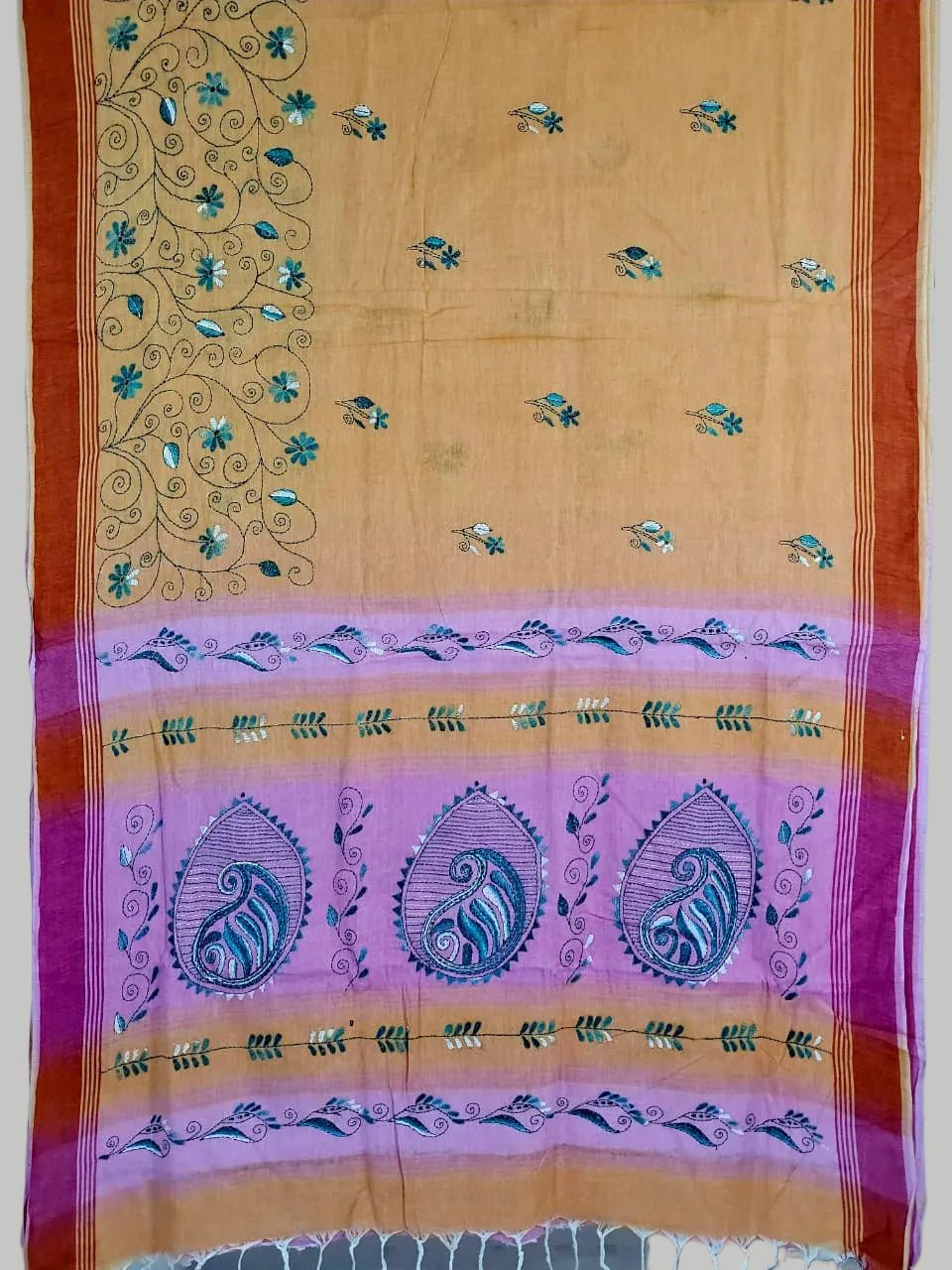 Suvarnika – Mustard Yellow Kantha Hand Embroidered Cotton Saree with Pink Pallu - Kleemkaara