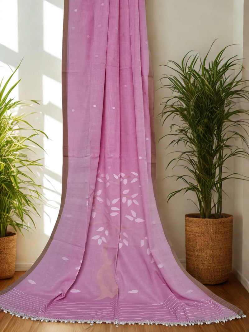 Svanika – Pink Jamdani Handloom Bengal Cotton Saree - Kleemkaara