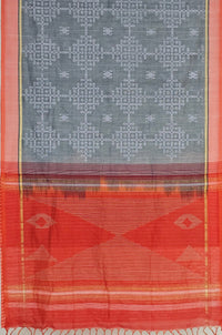 Swapnika – Grey and Orange Handloom Bamboo Cotton Saree with Orange Silk Cotton Pallu and Kolam Print - Kleemkaara