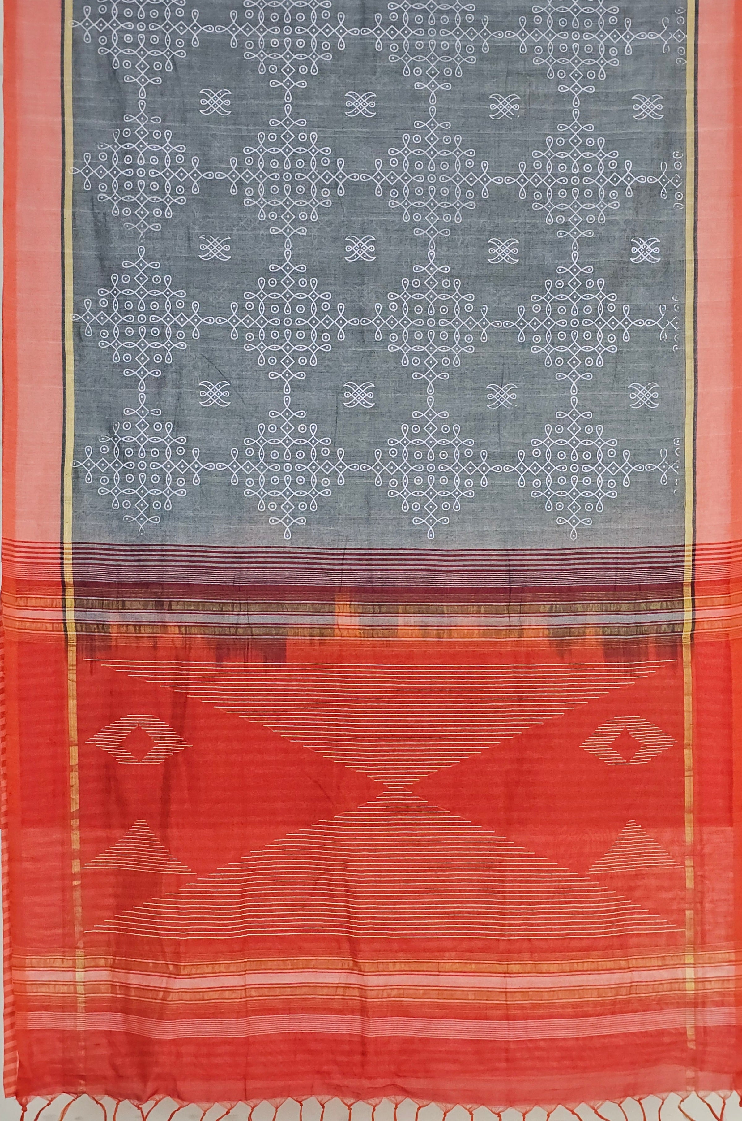 Swapnika – Grey and Orange Handloom Bamboo Cotton Saree with Orange Silk Cotton Pallu and Kolam Print - Kleemkaara