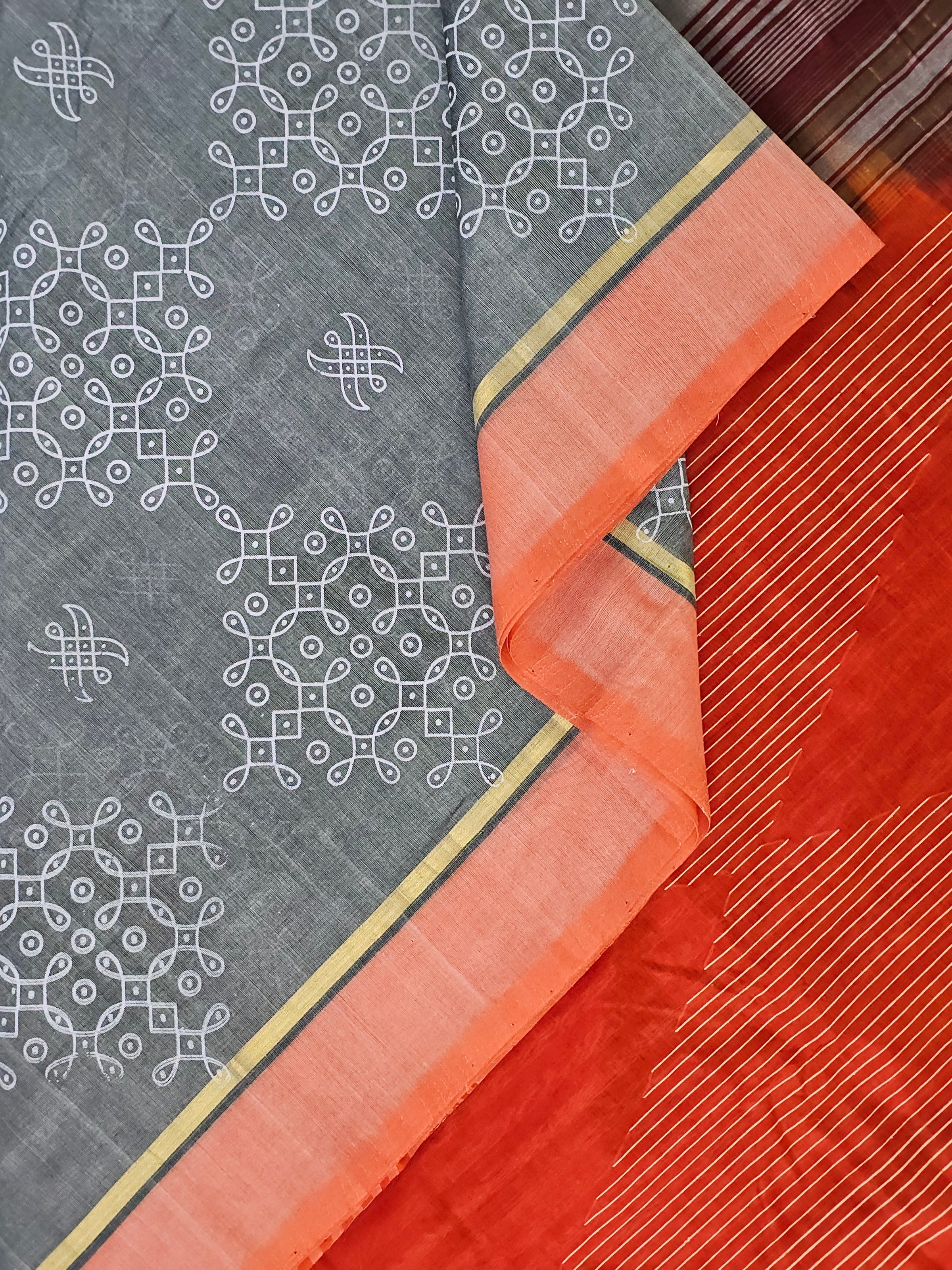 Swapnika – Grey and Orange Handloom Bamboo Cotton Saree with Orange Silk Cotton Pallu and Kolam Print - Kleemkaara