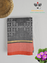 Swapnika – Grey and Orange Handloom Bamboo Cotton Saree with Orange Silk Cotton Pallu and Kolam Print - Kleemkaara