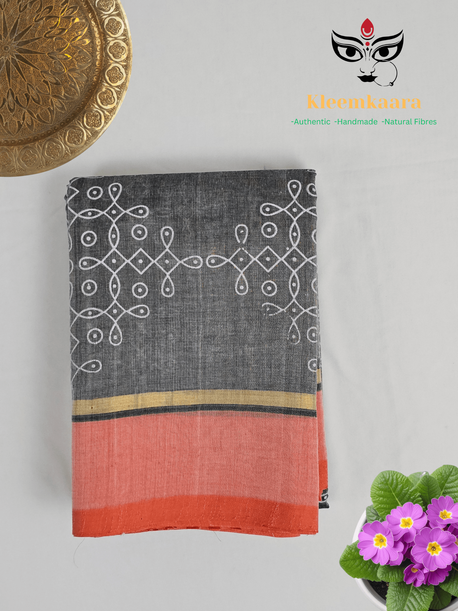 Swapnika – Grey and Orange Handloom Bamboo Cotton Saree with Orange Silk Cotton Pallu and Kolam Print - Kleemkaara
