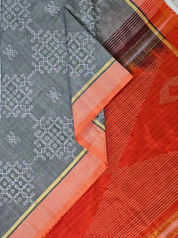 Swapnika – Grey and Orange Handloom Bamboo Cotton Saree with Orange Silk Cotton Pallu and Kolam Print - Kleemkaara