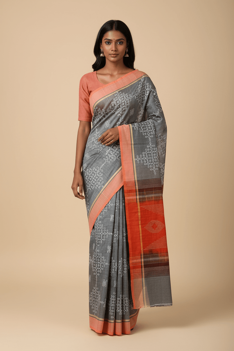 Swapnika – Grey and Orange Handloom Bamboo Cotton Saree with Orange Silk Cotton Pallu and Kolam Print - Kleemkaara