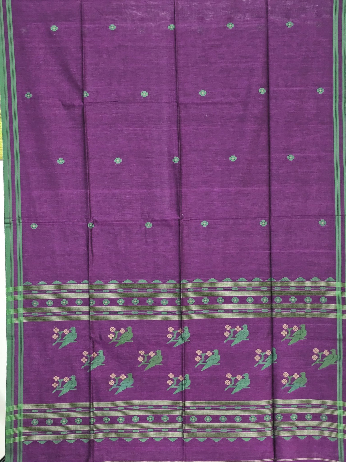 Taarini – Deep Purple Handloom Bengal Cotton Saree with Parrot Motifs and Green Border - Kleemkaara