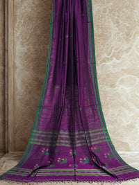 Taarini – Deep Purple Handloom Bengal Cotton Saree with Parrot Motifs and Green Border - Kleemkaara