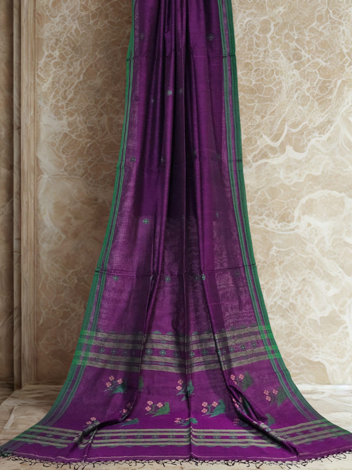 Taarini – Deep Purple Handloom Bengal Cotton Saree with Parrot Motifs and Green Border - Kleemkaara
