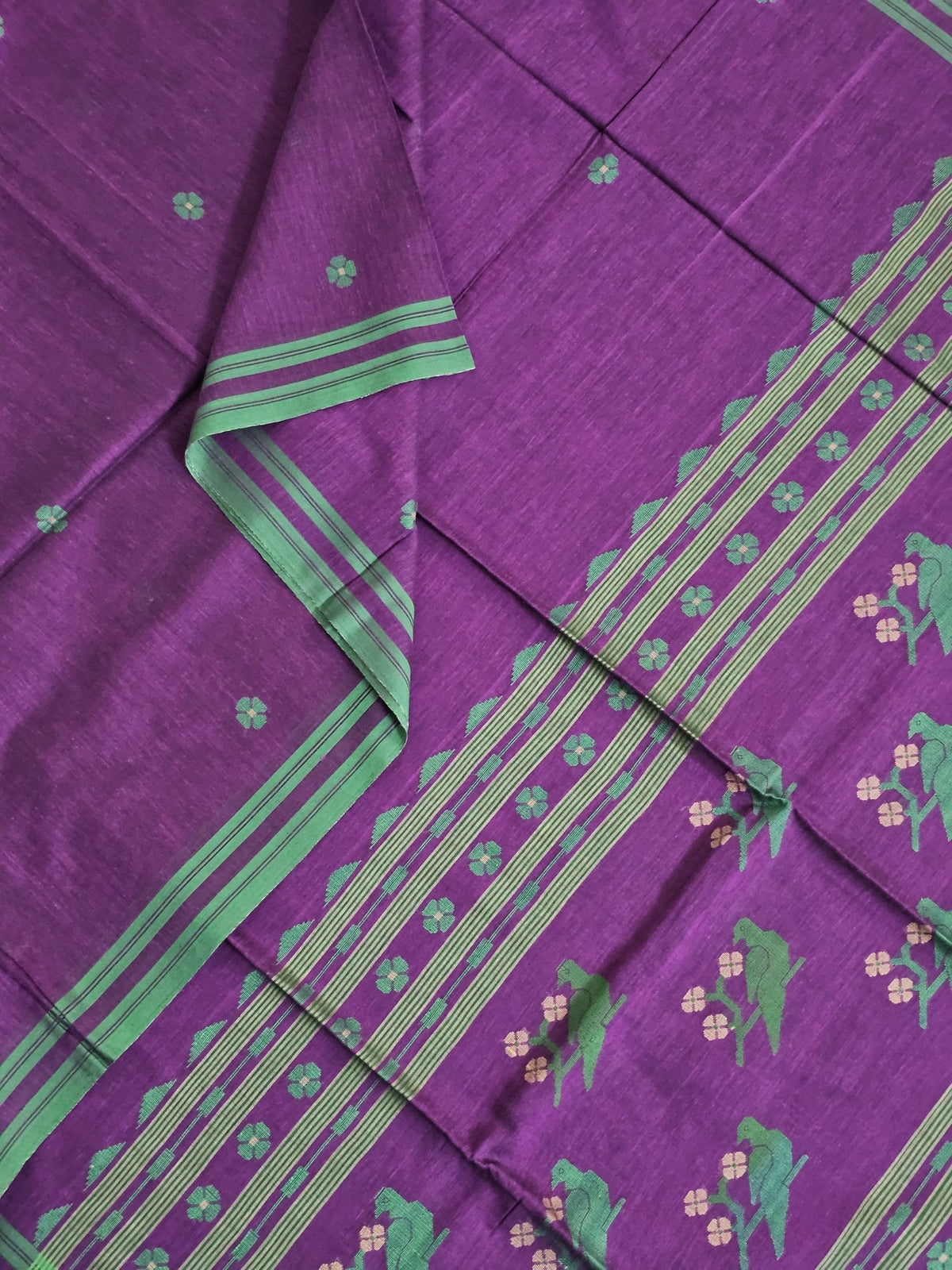 Taarini – Deep Purple Handloom Bengal Cotton Saree with Parrot Motifs and Green Border - Kleemkaara