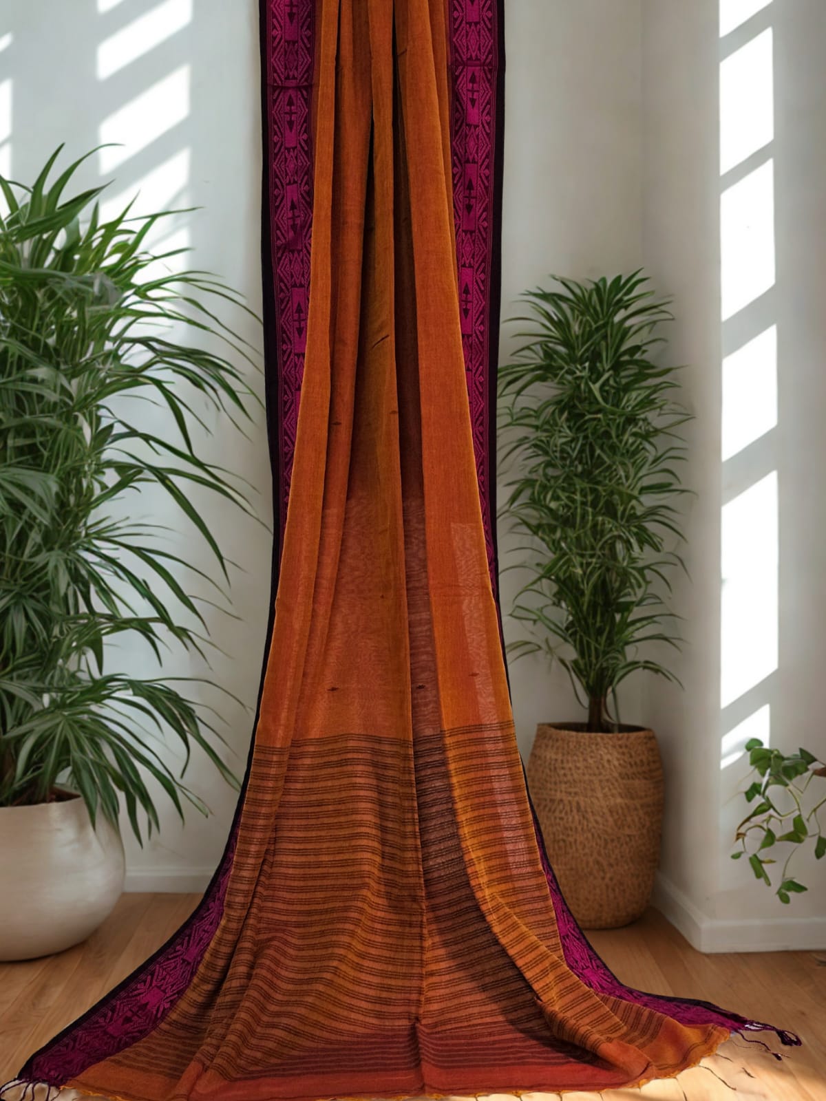 Tapini – Burnt Orange Tangail Handloom Khadi Saree with Magenta Pink Border - Kleemkaara
