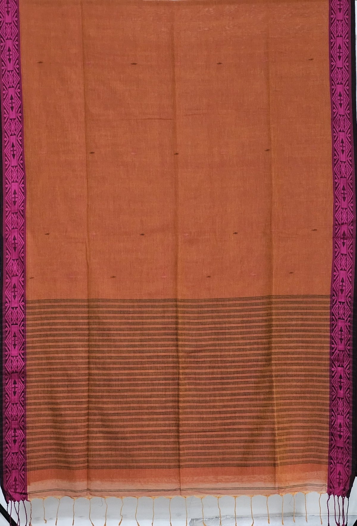 Tapini – Burnt Orange Tangail Handloom Khadi Saree with Magenta Pink Border - Kleemkaara