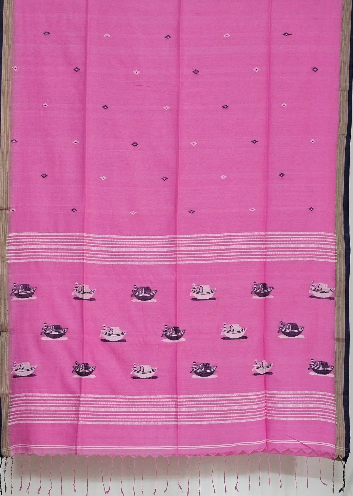 Tarangita – Pink Handloom Khadi Saree with Boat Motifs and Black Border - Kleemkaara