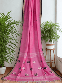 Tarangita – Pink Handloom Khadi Saree with Boat Motifs and Black Border - Kleemkaara