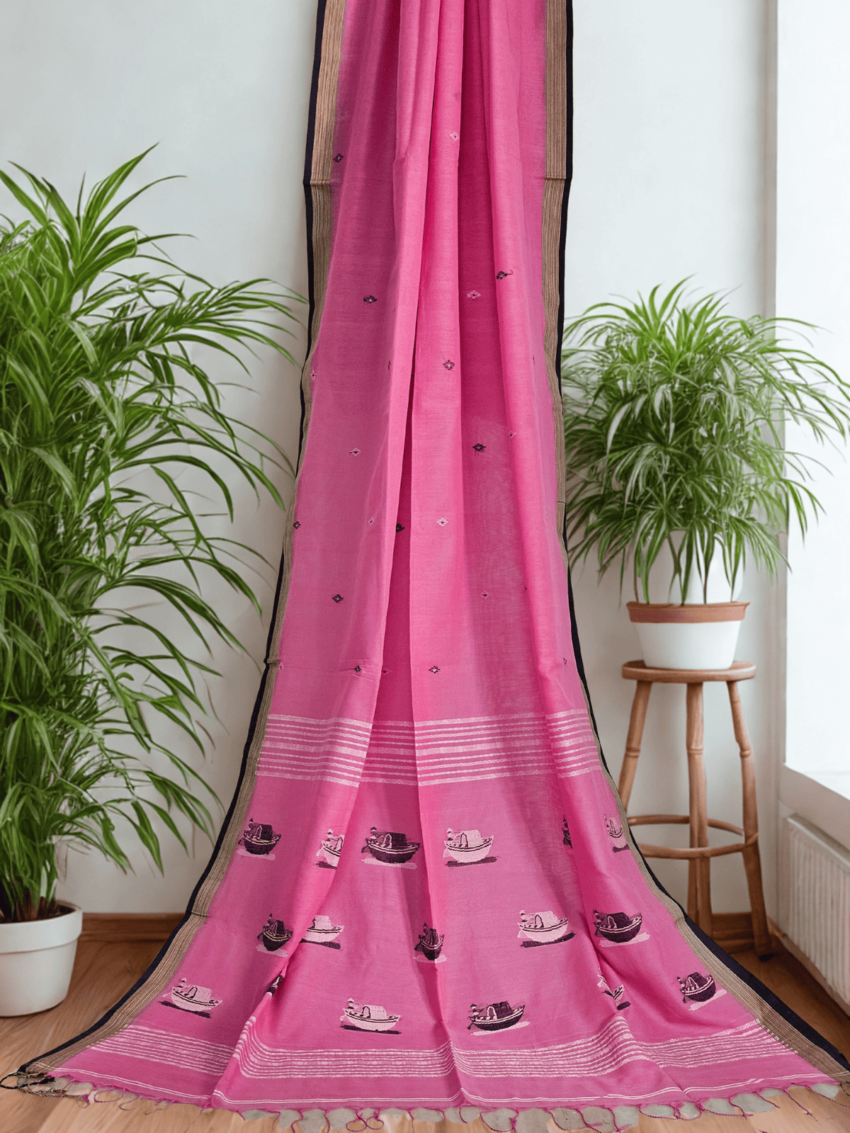 Tarangita – Pink Handloom Khadi Saree with Boat Motifs and Black Border - Kleemkaara