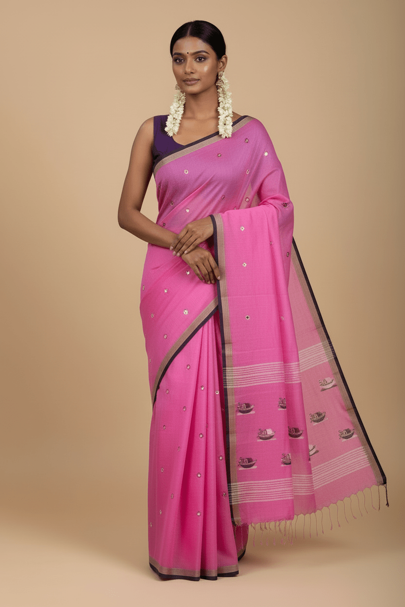 Tarangita – Pink Handloom Khadi Saree with Boat Motifs and Black Border - Kleemkaara