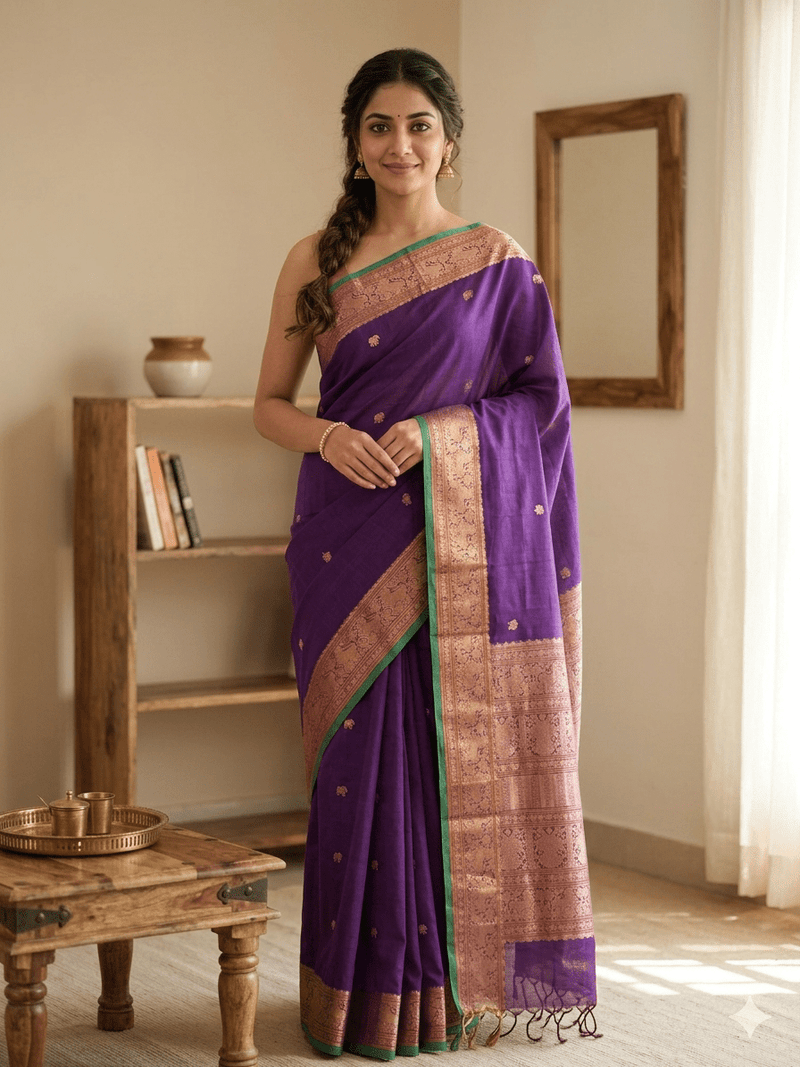 Tejasvi – Purple Pure Handloom Kanchi Cotton Saree with Zari Border and Green Selvedge - Kleemkaara