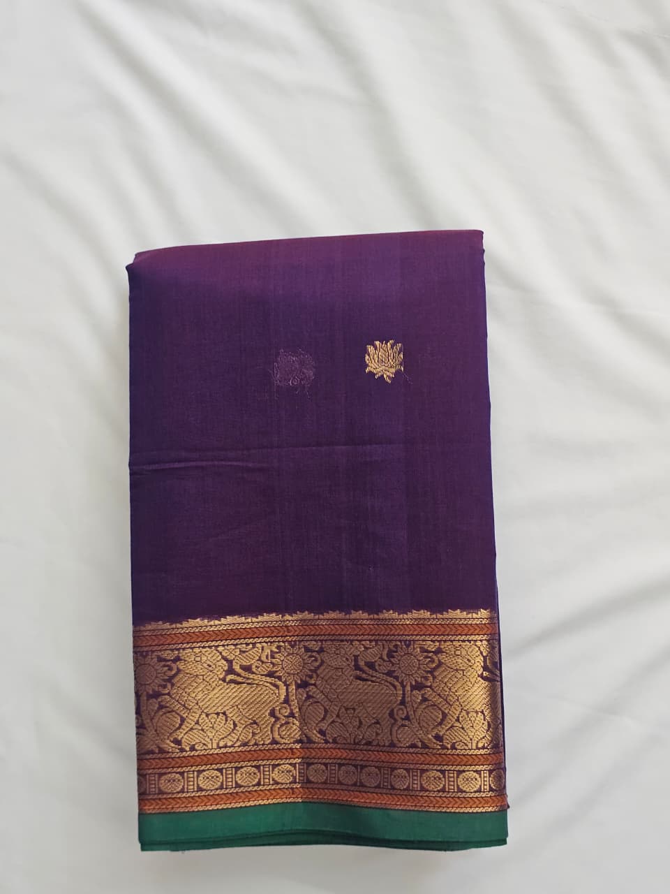 Tejasvi – Purple Pure Handloom Kanchi Cotton Saree with Zari Border and Green Selvedge - Kleemkaara