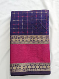 Vaidhehi – Navy Blue Vaira Oosi Pure Handloom Kanchi Cotton Saree with Pink Rettai Pet Border - Kleemkaara