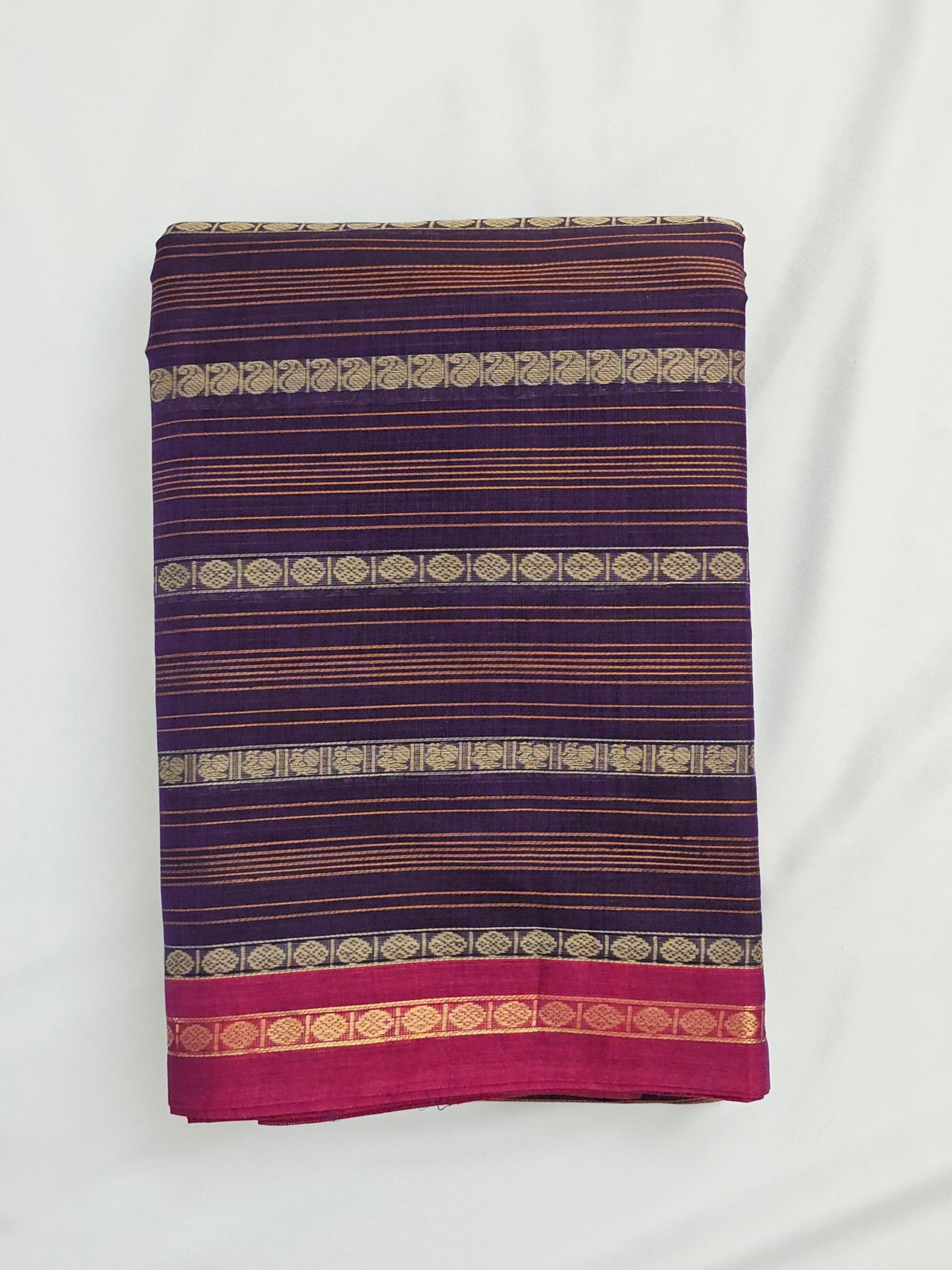 Vainika – Purple Handloom Kanchi Cotton Saree with Horizontal stripes - Kleemkaara