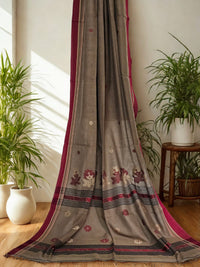 Vaishnavi – Wheatish Beige Handloom Bengal Cotton Saree with Maroon Floral Pallu - Kleemkaara