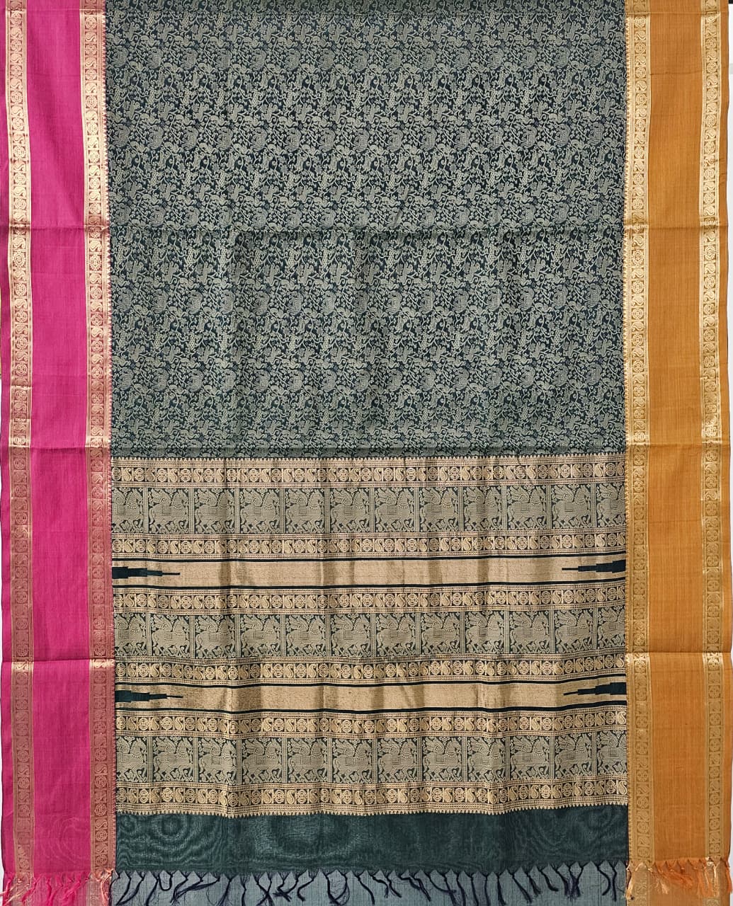 Vanadri – Dark Green Vanasingaram Handloom Kanchi Silk Cotton Saree with Ganga Jamuna Border - Kleemkaara