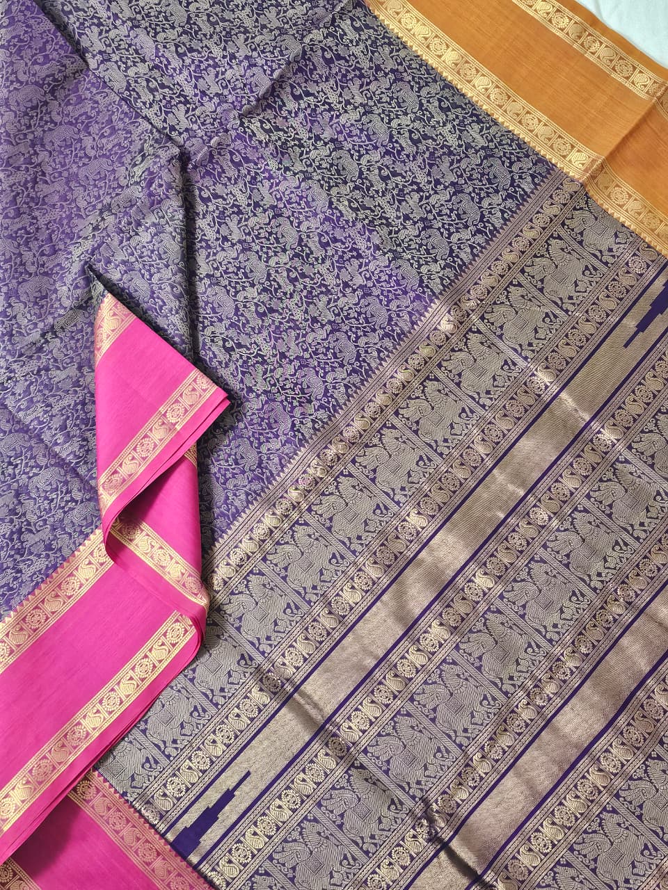 Vanajyotsna – Navy Blue Kanchi Silk Cotton Saree with Ganga Jamuna Rettai Pet Border - Kleemkaara