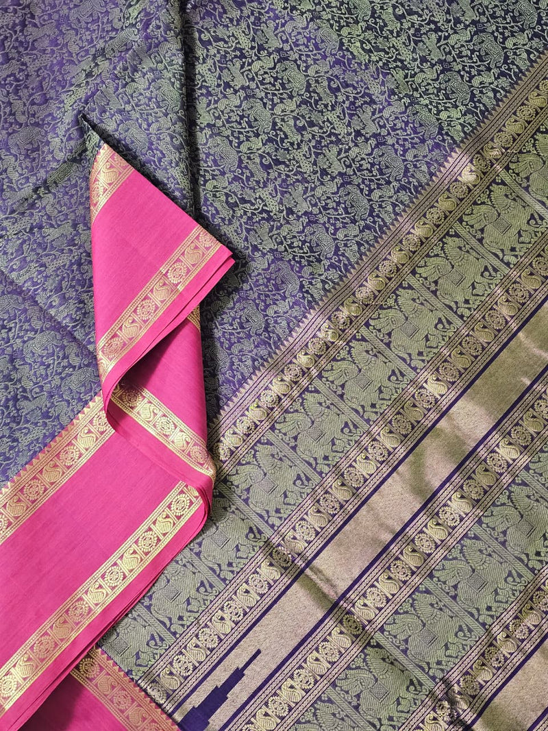 Vanajyotsna – Navy Blue Kanchi Silk Cotton Saree with Ganga Jamuna Rettai Pet Border - Kleemkaara