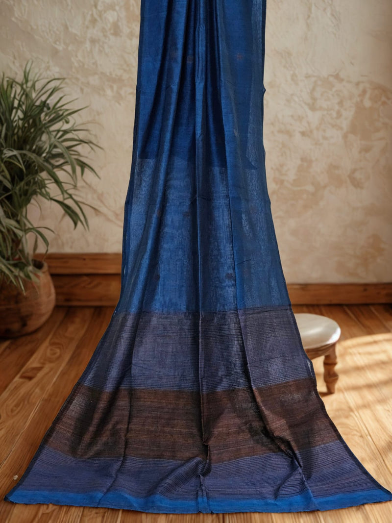Vibhaasa – Deep Sapphire Blue Handloom Khadi Saree with Chakra Motifs - Kleemkaara
