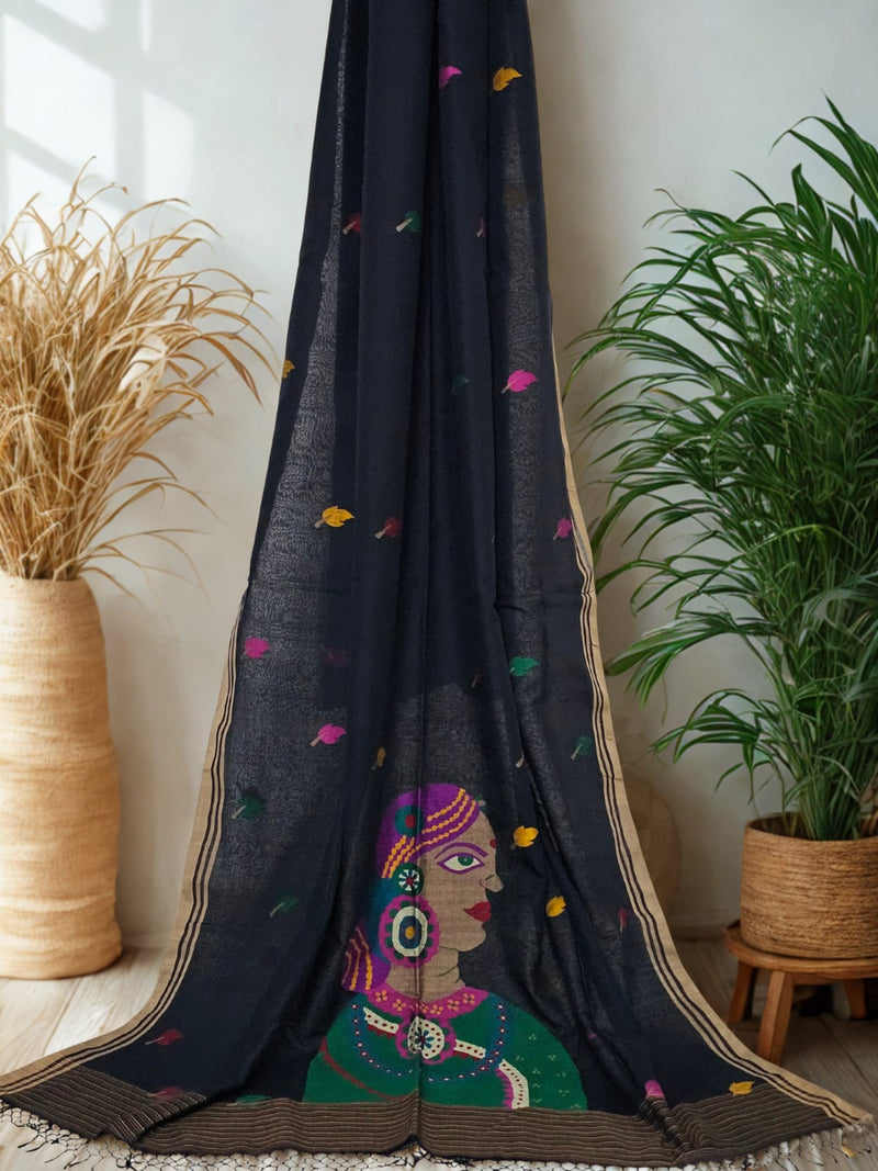 Vidhatri – Black Jamdani Handloom Bengal Cotton Saree - Kleemkaara