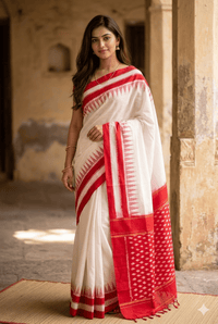 White and Red Handloom Pochampally Ikkat Mercerized Cotton Saree with Temple Border - Kleemkaara