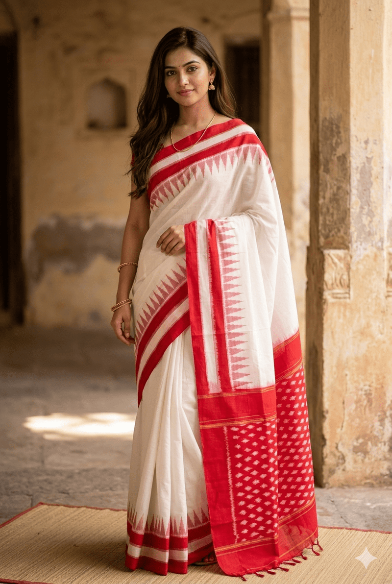 White and Red Handloom Pochampally Ikkat Mercerized Cotton Saree with Temple Border - Kleemkaara