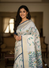 White Handloom Jamdani Bengal Matka Silk Saree - Kleemkaara